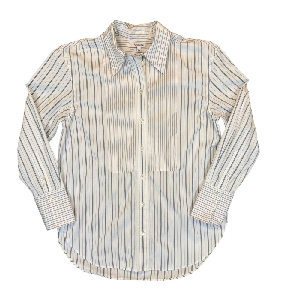 Madewell Button Down Shirt Womens Small Blue White Stripe Cotton Bib Front Top
